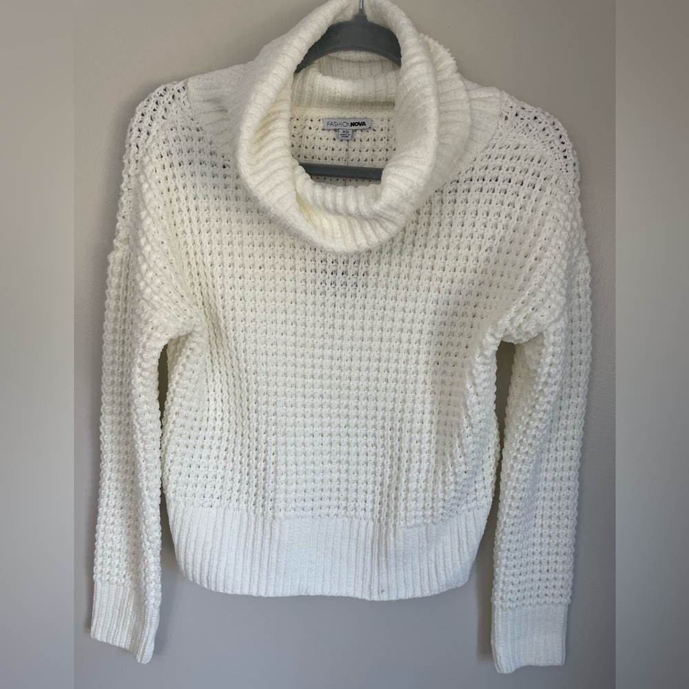 Fashion Nova Women’s Cozy Days Cowl Turtleneck Sweater Ivory Chenille Size XS